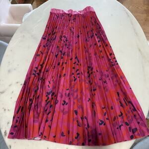 Y2K SHEIN 0XL Pink Pleated Skirt Red Animal Pattern Waistband Flowy Midi Trendy